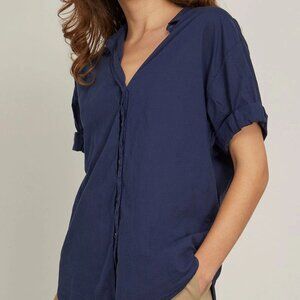 Xirena Dark Blue Channing Button Up Short Sleeve Cotton Top